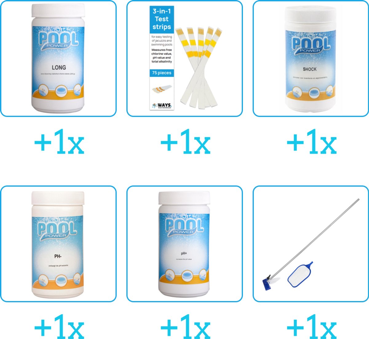 Zwembad Onderhoudspakket - Onderhoud Zwembad - bevat Chloor - Testrips - Chloor - PH-min - PH-plus en Schoonmaakset (6-delig)
