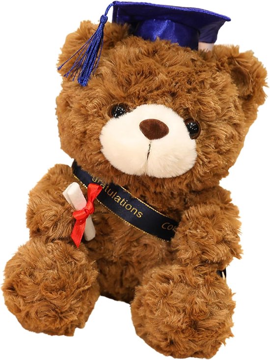 Pluche teddybeer - Afstudeerbeer knuffel - Herdenkingsdecoratie - Met diploma - 28 cm - Bruin met blauwe hoed — afbeelding 5