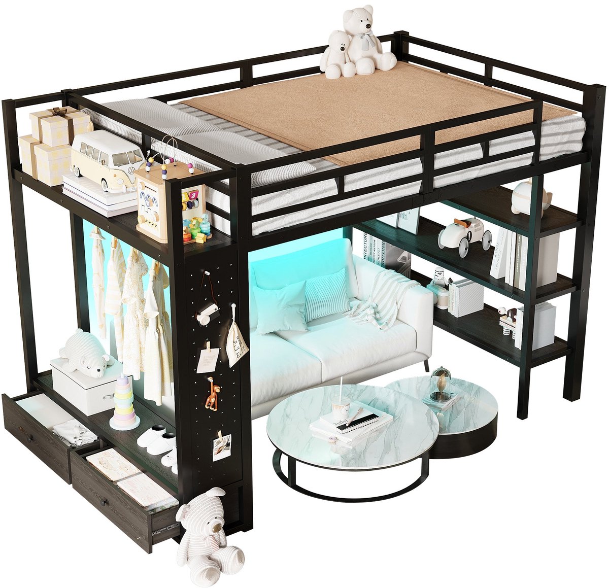 Merax Hoogslaper 140x200 - Metalen Bed met Bureau en Kast - Bed met Opbergruimte - LED Verlichting met Afstandsbediening - Zwart