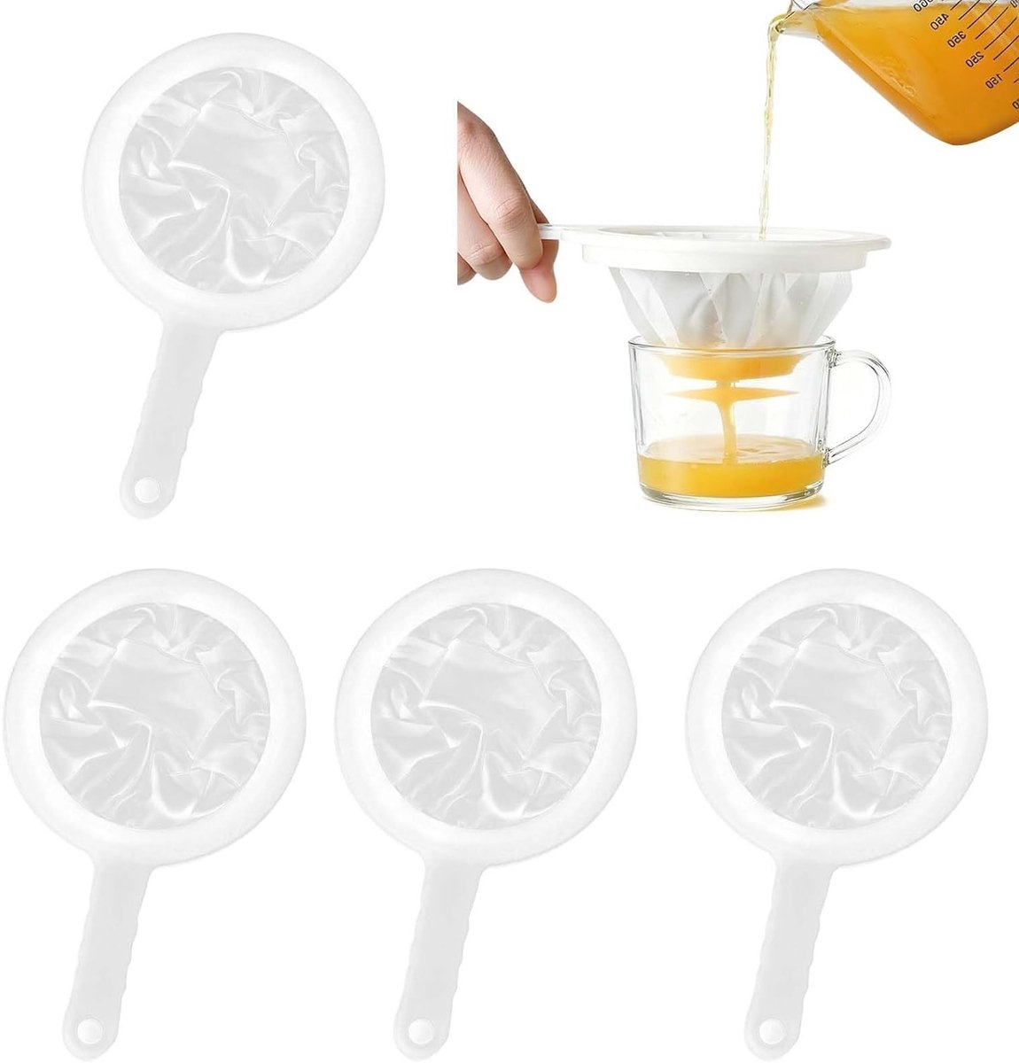 Set van 4 Nylon Keukenfilters, Fijnmazig 100/200/300/400 Mesh, Hittebestendig en Herbruikbaar, Ideaal voor Sojamelk, Sap en Koffie, Inclusief Hanghandvat