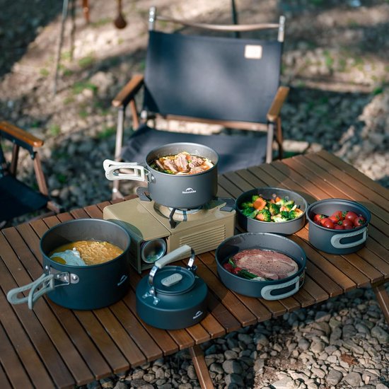 Camping kookset 2-4 personen lichtgewicht pannenset met ketel en koekenpan compact 3 delig aluminium — afbeelding 2