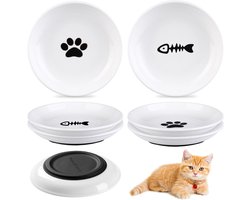 Set van 6 keramische kattenvoederschalen met antislipmat - Ideaal voor nat kattenvoer, kittens en kattenvoer met een vlakke bodem
