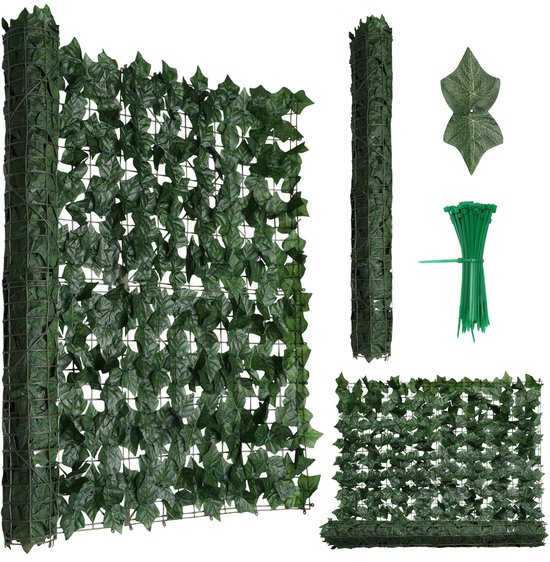 Kunsthaag – 300 x 100 cm – Kunstklimop – Kunstplanten Voor Buiten En Binnen – Namaak Plant – Kunst Klimop – Uittrekbaar – Tuinscherm – Balkonscherm - Donkergroen