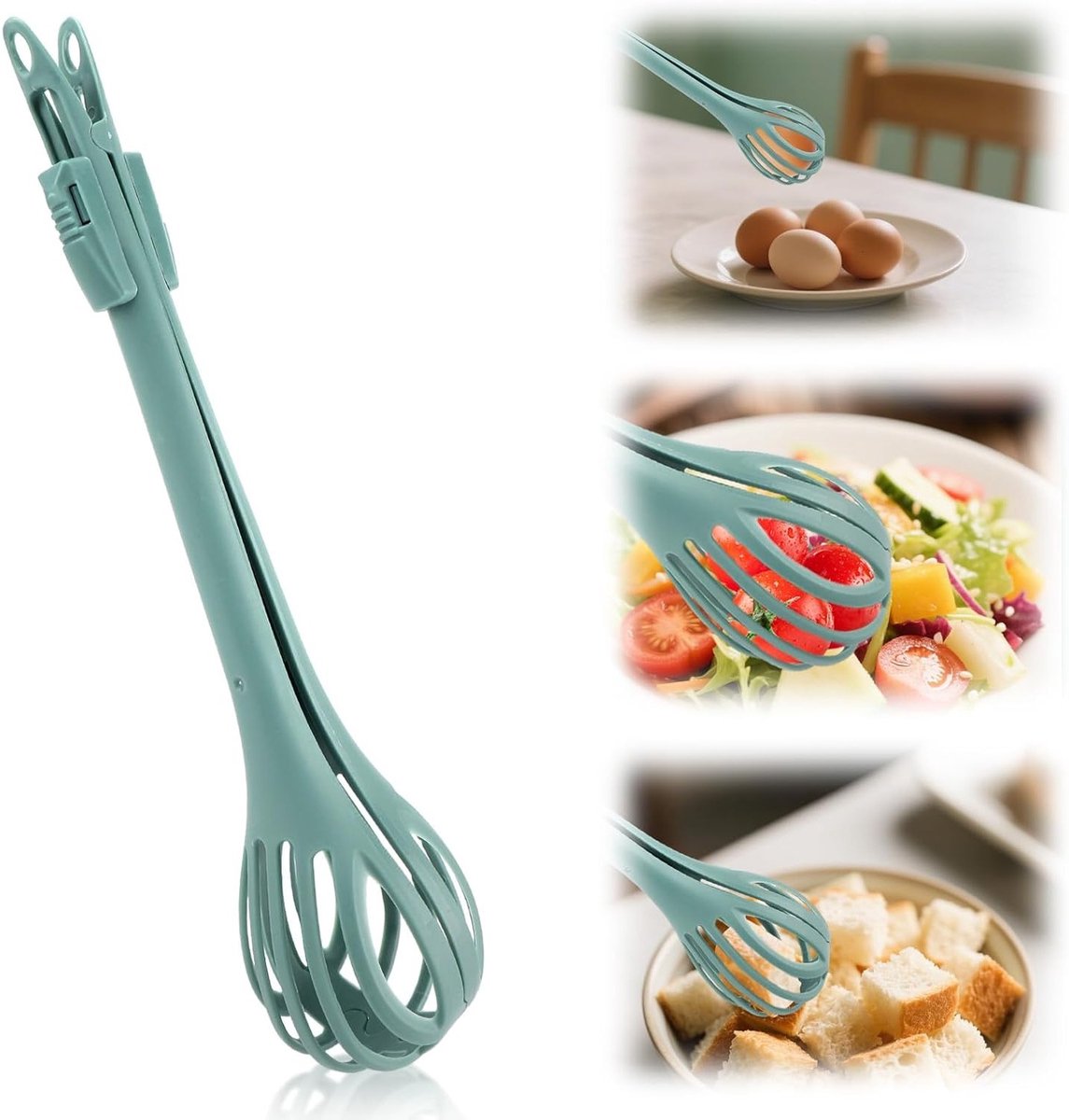 Multifunctionele 2-in-1 Voedselclip en Eiergarde voor Keuken - Handmatige Mixer en Gekartelde Tang in Groen