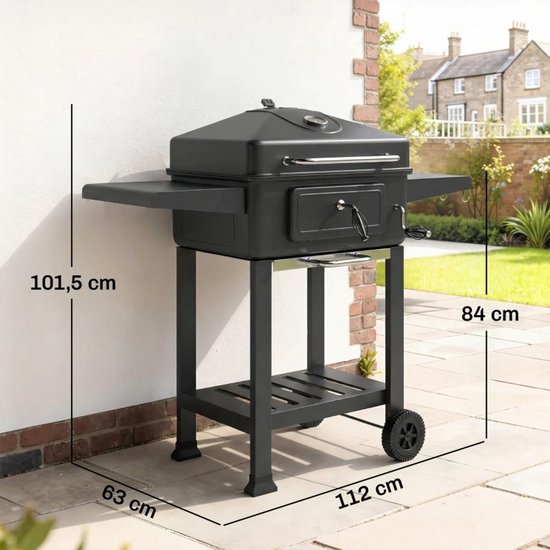 Premie Houtskool Barbecue - Smoker Barbecue - in Hoogte Verstelbaar - Barbecuegrill - Grillwagen - Houtskoolgrill - Houtskoolgrill met Deksel, Thermometer, Wielen, Bijzettafel & Handgreep - BBQ voor buiten, tuin - Zwart van Merkloos — afbeelding 2