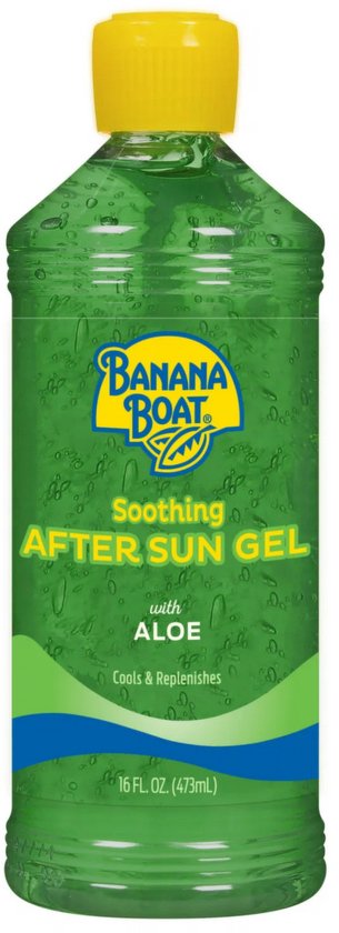 Fles Bananenboot kalmerende after sun gel met aloë. De gel is groen en bevat belletjes. Tekst: BANANA BOAT, Soothing AFTER SUN GEL, with ALOE, Cools & Replenishes, 16 FL. OZ. (473mL).
