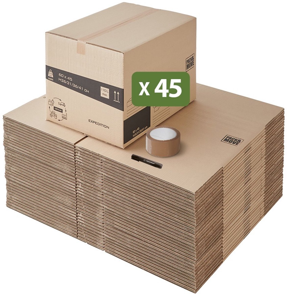 Pack and Move - Set 45 verhuisdozen moduleerbare hoogte variabel, aanpasbaar - 60 x 45 x 31-41 cm - Versterkte handgrepen - 1 tape gratis