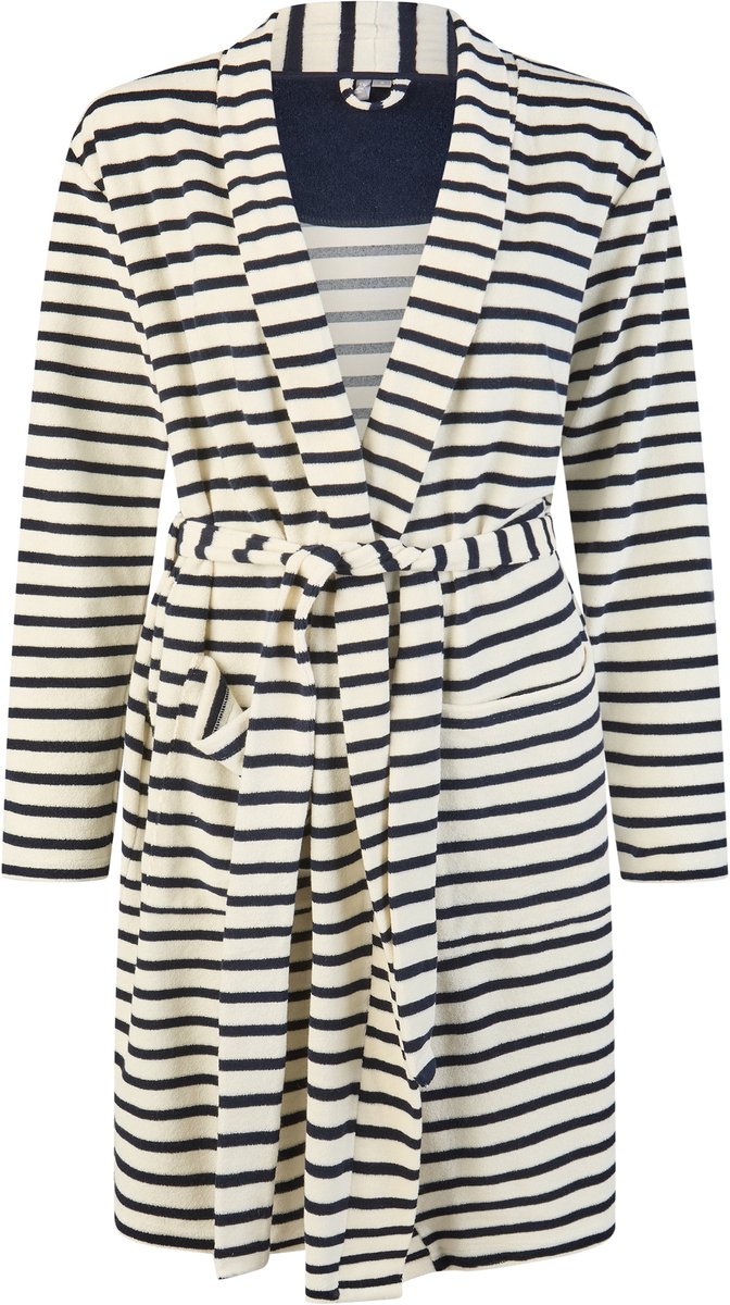By Louise Dames Badjas Badstof Met Trekkoordsluiting Wit/Donkerblauw Gestreept - Maat XL