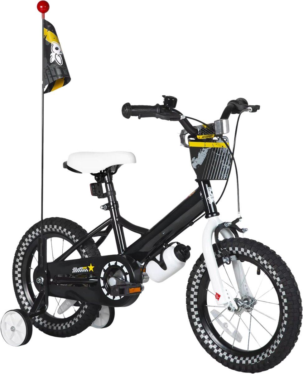 Happiq Kinderfiets – Voor en – Met d bel extra wielen en poppenzitje leuk verjaardagscadeau – Zwart 30 cm