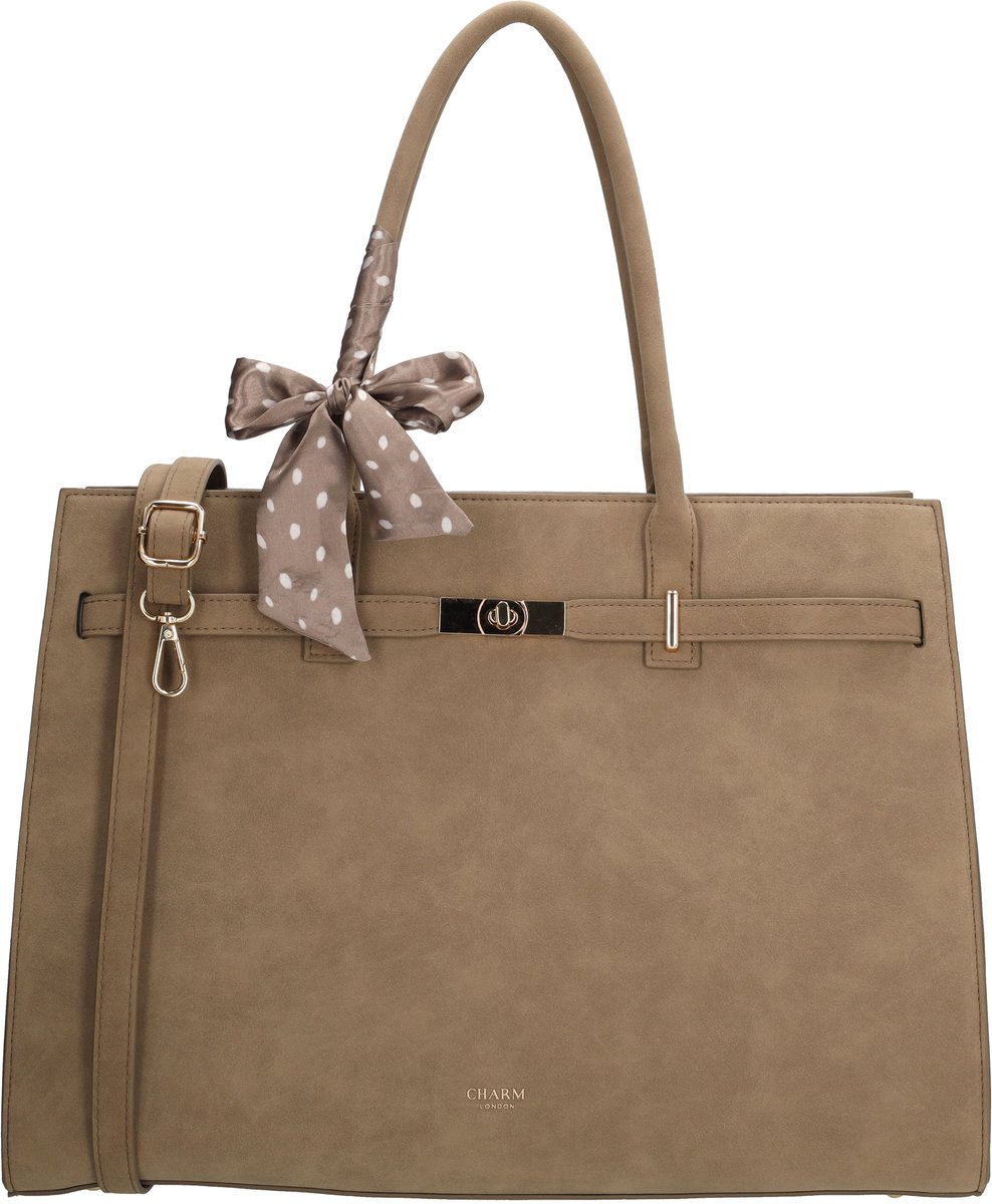 Charm London The Hamptons Village Laptoptas - 15.6 inch - Werktas - Schoudertas - Met Tussenritsvak - Afneembare Verstelbare Band - Schooltas - A4 - Taupe