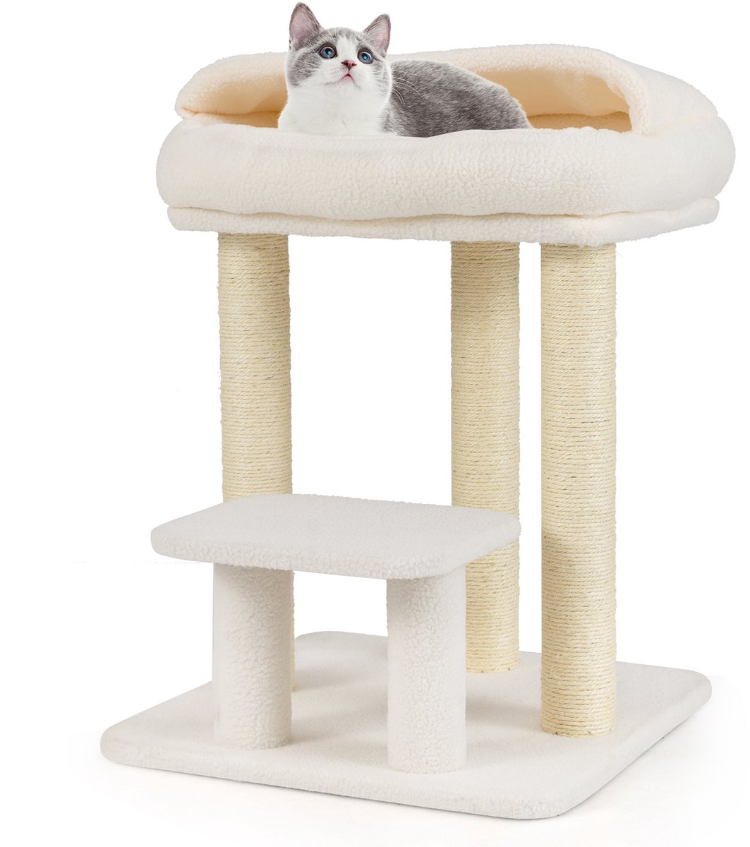 COSTWAY Krabpaal klein, 61 cm, kattenboom met zachte zitting, grote basis, platform en sisal-krabzuilen, kattenkrabpaal hout, kattenmeubel, klimboom, activiteitsboom, speelboom, wit