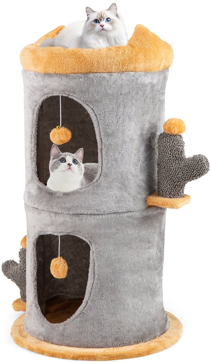 COSTWAY Krabton kattenton, speelton met 2 kattenholletjes, apart design, kattenbed, 2 ballen en palen, kattenhuis voor katten, Ø48 x 83 cm, kattenkrabpaal, kattenboom, grijs