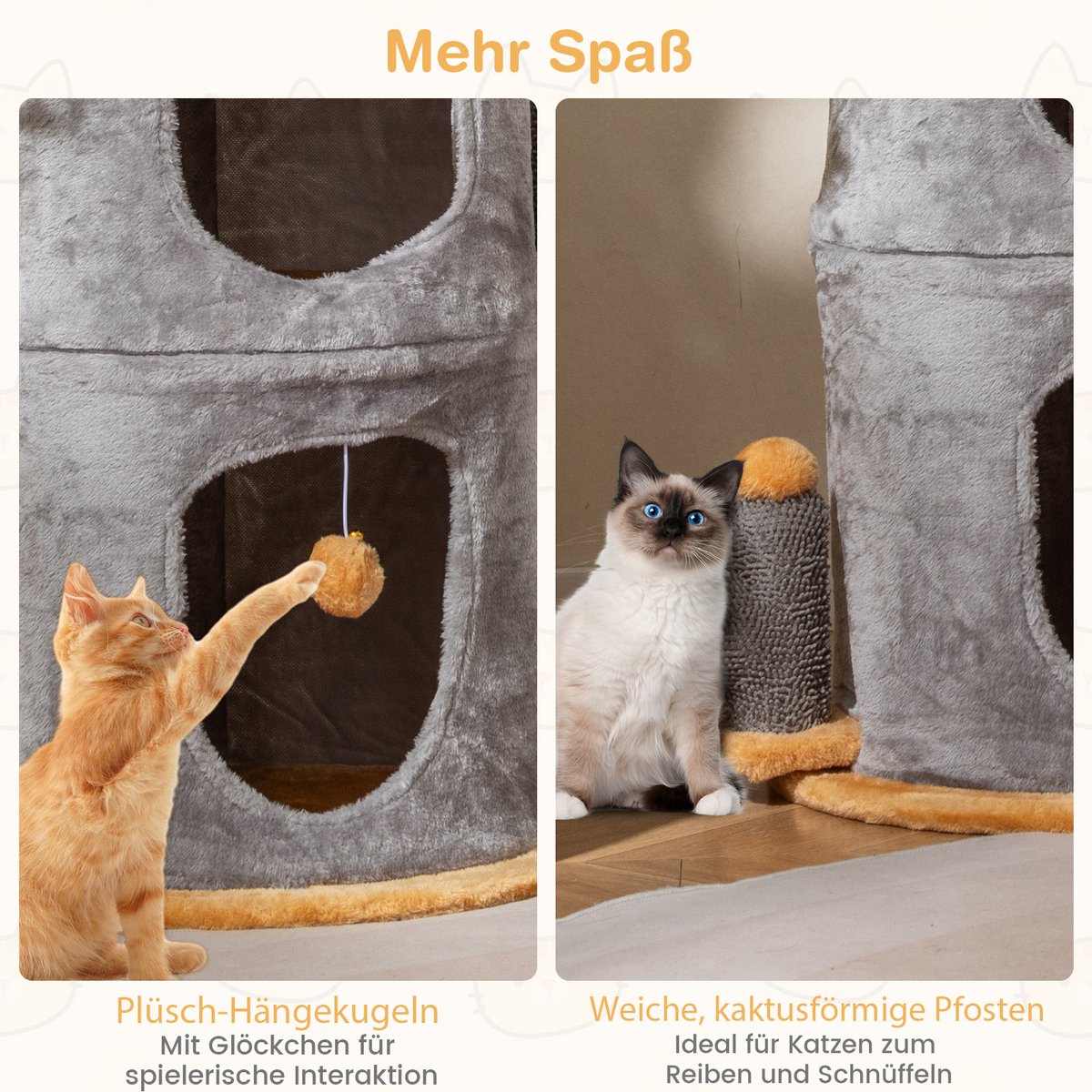 COSTWAY Krabton kattenton, speelton met 2 kattenholletjes, apart design, kattenbed, 2 ballen en palen, kattenhuis voor katten, Ø48 x 83 cm, kattenkrabpaal, kattenboom, grijs – foto 2