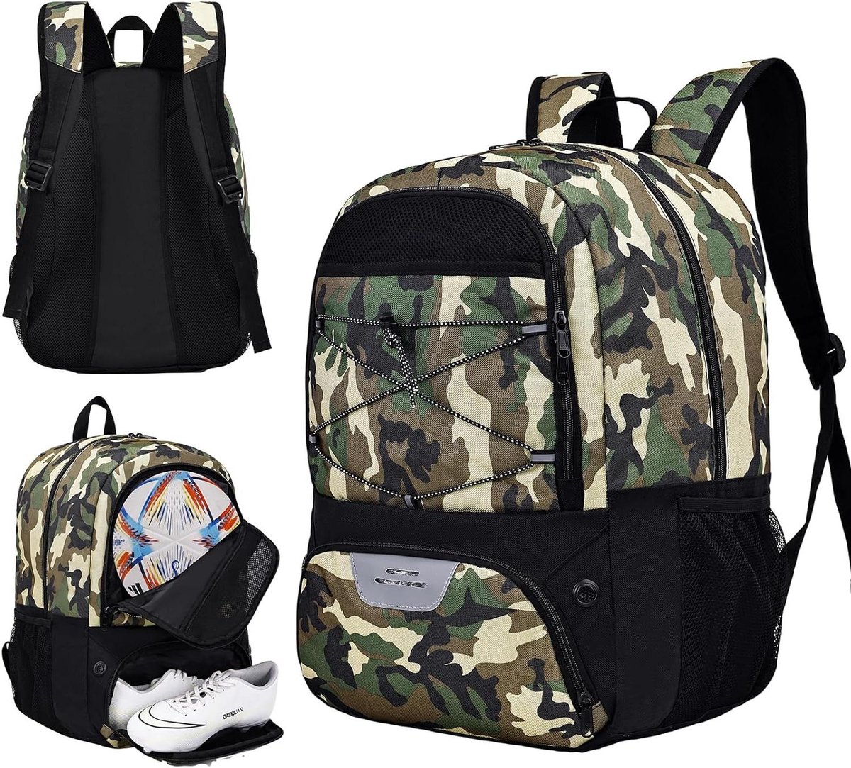 Voetbal Rugzak - Sporttas Ballen - Sportspullen Vervoeren - Ballen Compartiment - 33 x 25 x 6 cm - Camo Zwart
