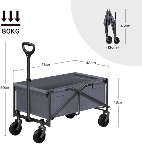 uJOY Opvouwbare bolderkar - Grijs - 360 graden draaibare wielen - Voor camping/strand/boodschappen - 80kg laadvermogen van Merkloos — afbeelding 4