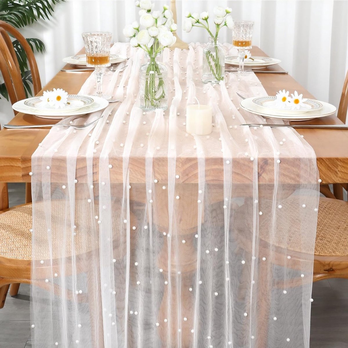 Elegante Witte Tafelloper 75x300cm voor Bruiloften en Feestjes, Translucente Tafelbedekking met Pareltule en Kant voor Verjaardagen en Diners