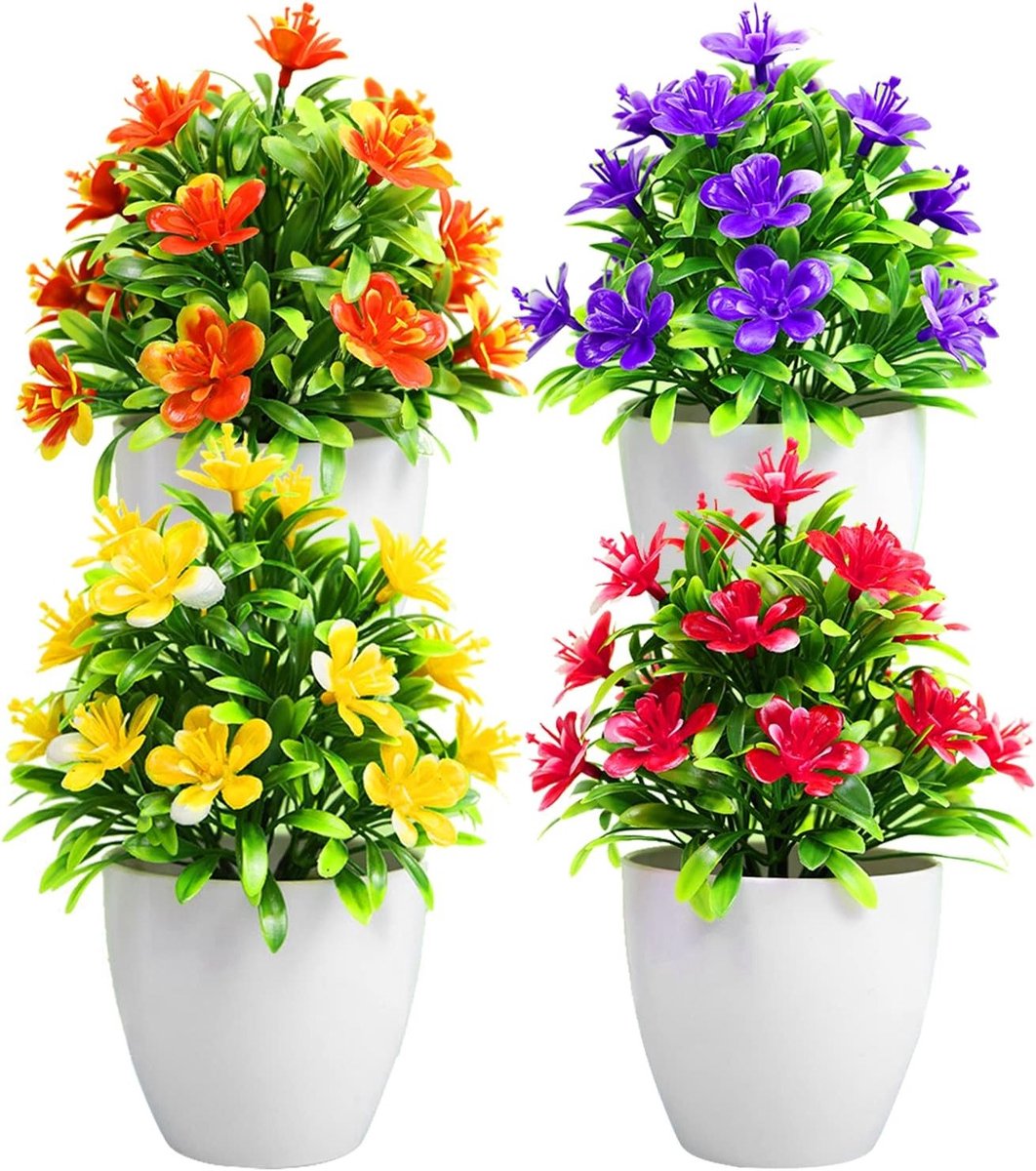 Set van 4 Stuks Kunstbloemen in Pot - Realistische Nepplanten voor Binnen en Buiten, Perfect voor Thuis, Cafés en Kantoor Decoratie