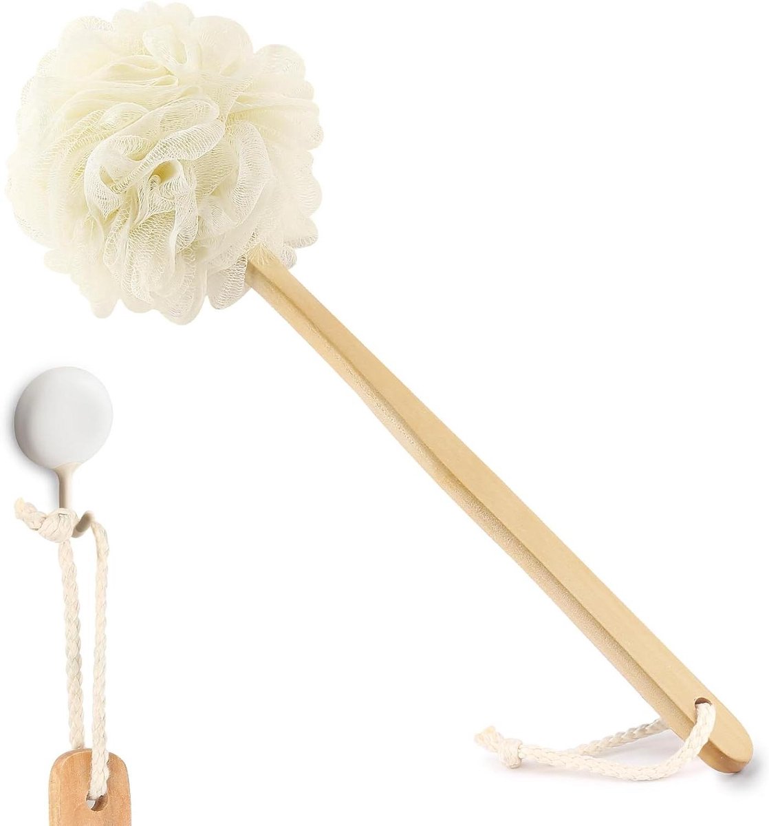 Witte luffa op een stok PE zachte mesh luffa gemaakt van zacht en stevig rubber materiaal terug scrubber voor douche voor vrouwen en mannen met koord voor gemakkelijk ophangen