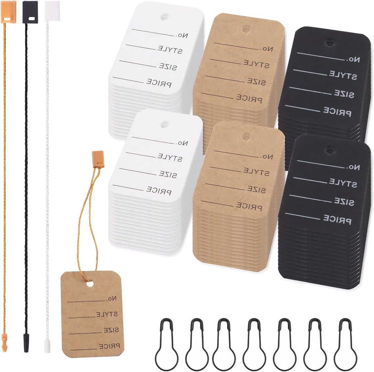 1700 stuks prijslabels met hangtag-snoeren en metalen pins, 3 kleuren, 3.5cm x 5cm, blanco papieren etiketten voor kleding, accessoires en producten