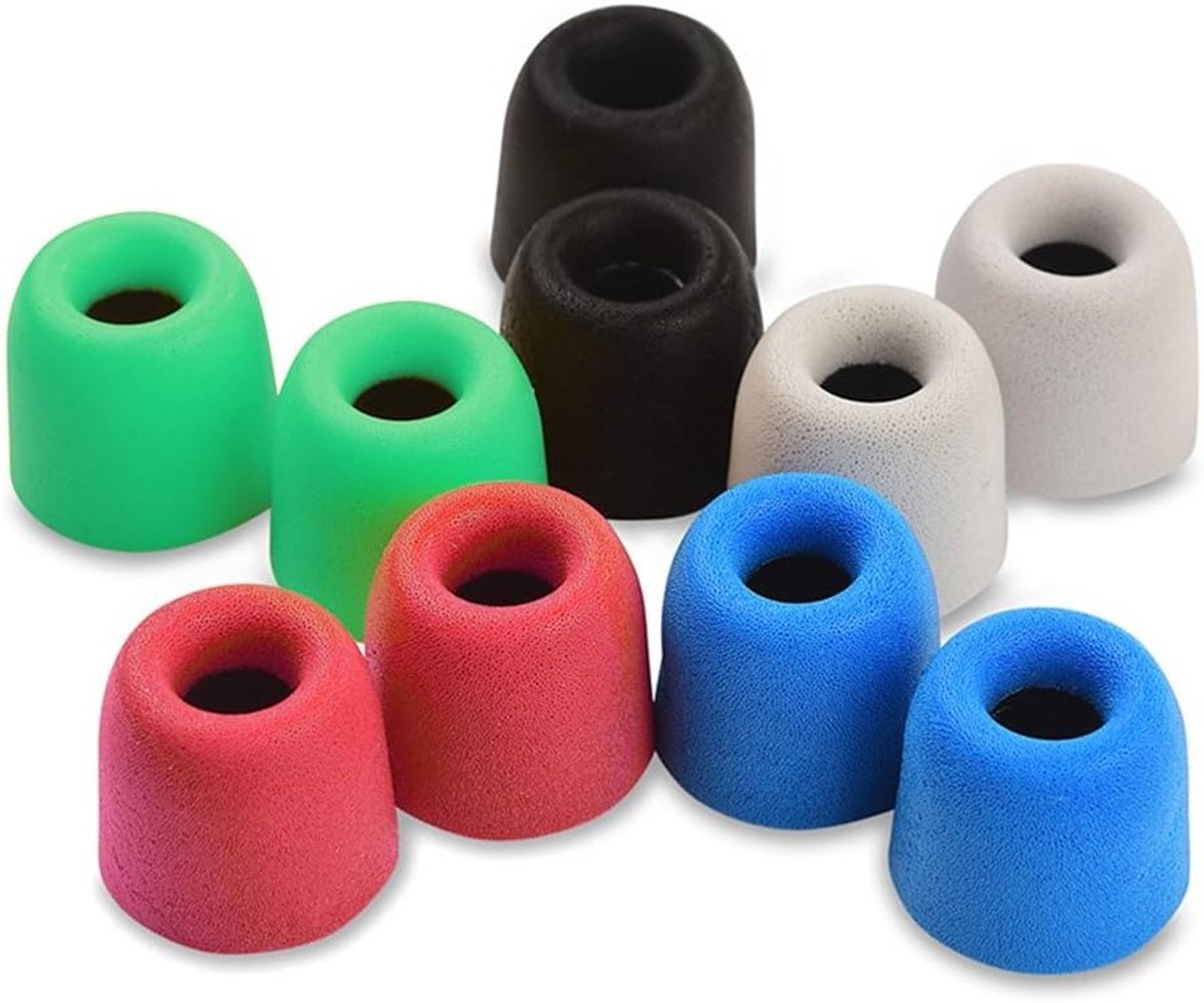 Comfortabele Memory Foam Oordopjes 4.9mm - 10 Stuks in Rood, Blauw, Wit, Groen en Zwart voor Hoge Geluidskwaliteit en Langdurig Luisterplezier