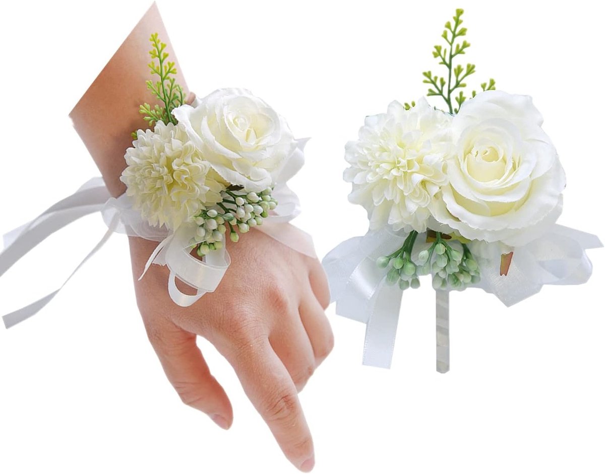 Set van 2 Stuks Bloemrijke Polscorsages met Kunstmatige Rozen en Anjers voor Bruiloft en Prom, 3 Inch, Handgemaakt van Zijde, Perfect voor Decoratie en Accessoires