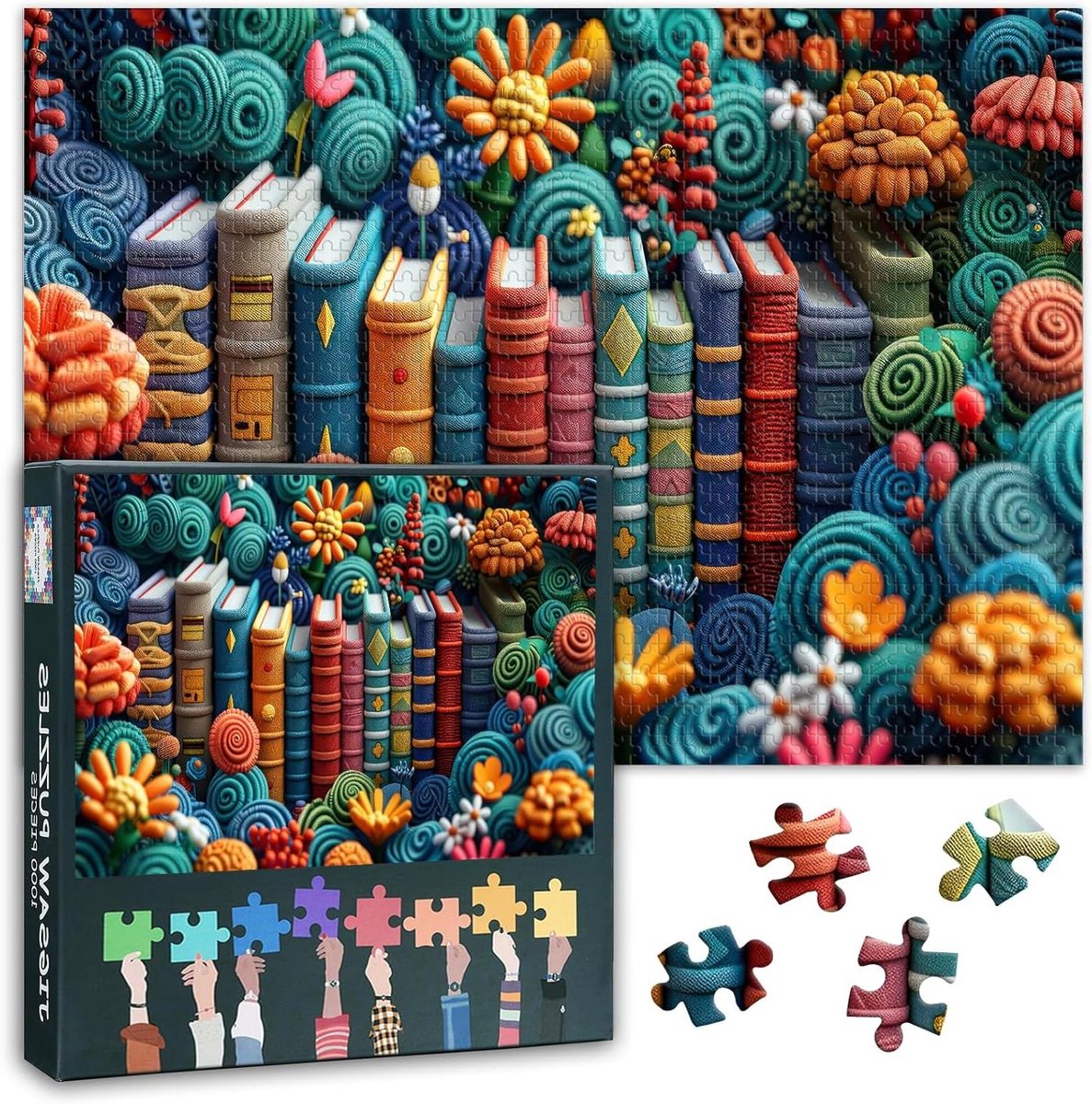 Boekenkast Puzzel - Abstract Bloemen Puzzel - Ontspannend Tijdverdrijf - Zone Indeling Achterkant - 1000 Stukjes 50x70cm - Kleurrijk