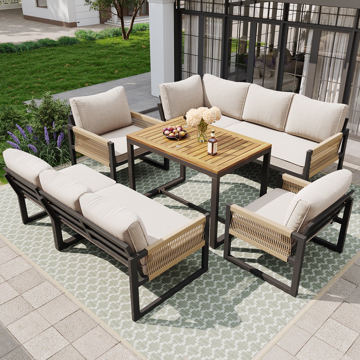 MIVRAY Tuinmeubelset 95 x 63 x 65 cm - Modulair Lounge En Eetset Voor Tuin En Terras - Metaal En Polyester - Beige