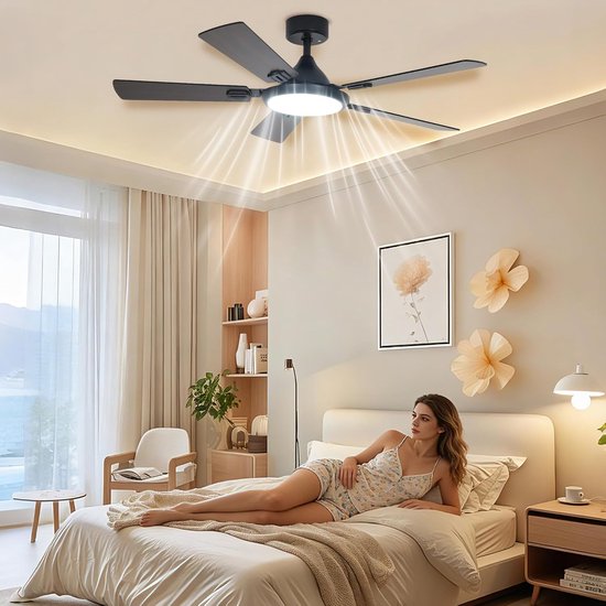 52 inch plafondventilator met 5 bladen, dimbare LED-verlichting, stille DC-motor, afstandsbediening zwart