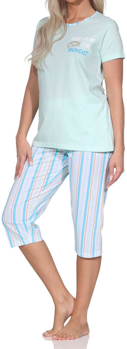 Normann pyjama met korte mouwen voor dames, inclusief capri pyjamabroek met streepmotief türkis