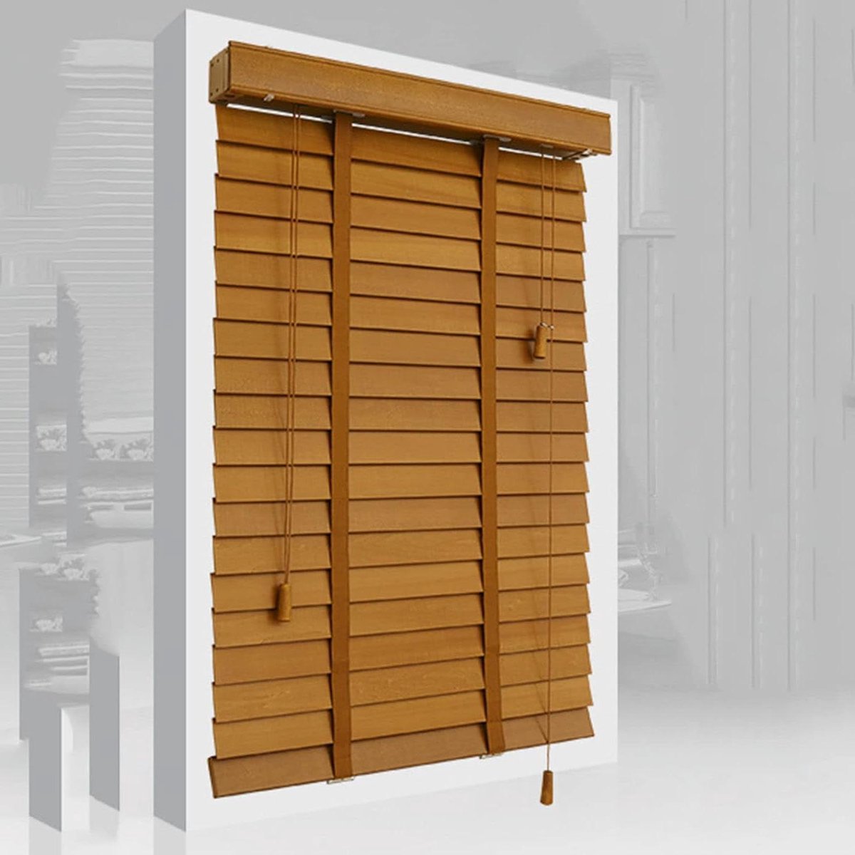 Massief Houten Jaloezieën - Venetiaanse Blinds - Zonwering en Privacy - 50mm Houten Lamellen - 135x220cm - Natuurlijk Hout