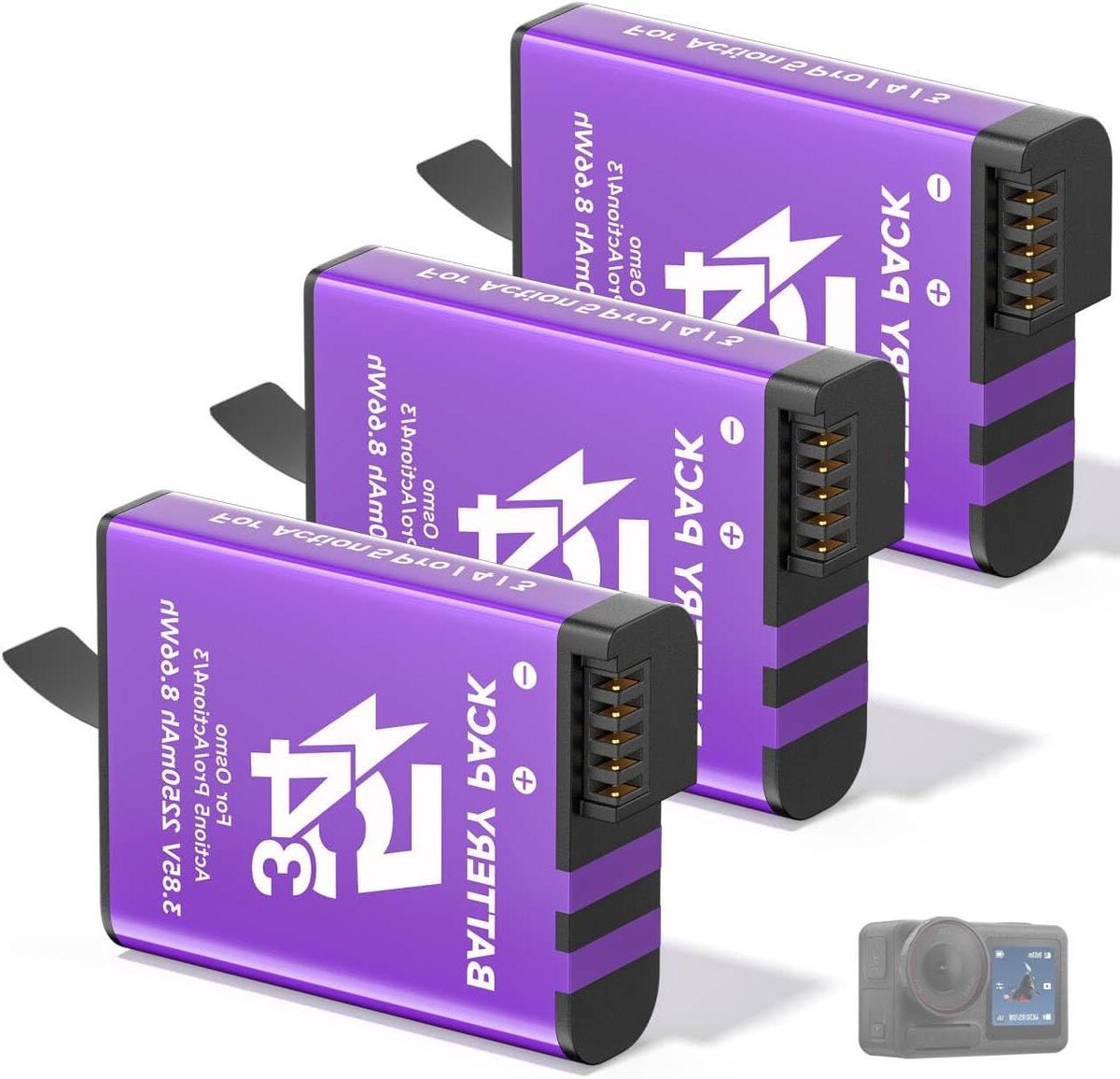 Reserveaccu Set - Camera Batterij - Sportcamera Gebruik - Hoge Capaciteit - 3 stuks - Zwart