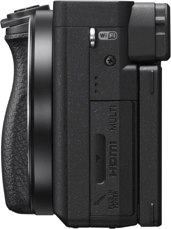 Zij-aanzicht van zwarte Sony A6400 camera met Wi-Fi symbool en poorten.