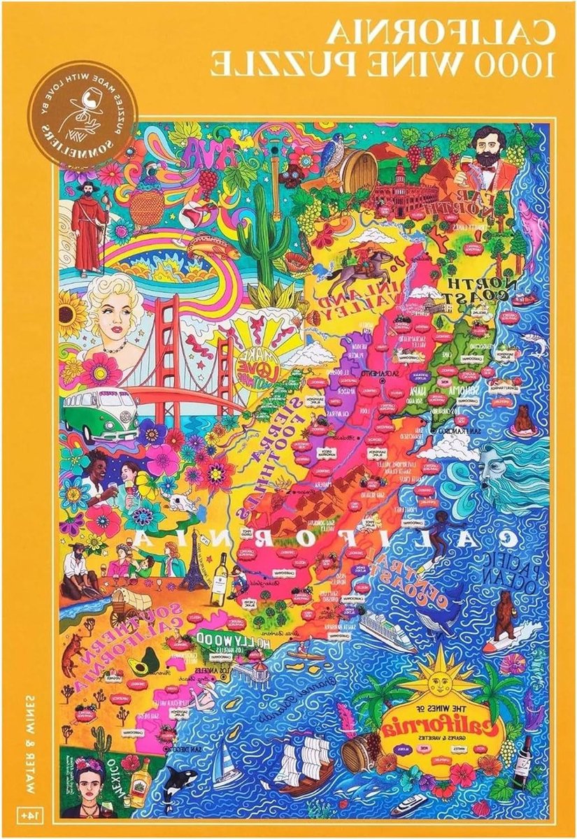 Wijnpuzzel Californië - Educatieve Puzzel - Wijn Geografie Leren - Handgetekende Illustratie - 1000 stukjes - Geel