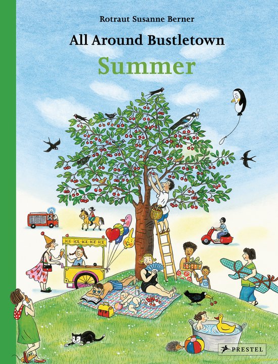 Zomer in Bustletown: kinderen plukken kersen van een boom op een zonnige dag.