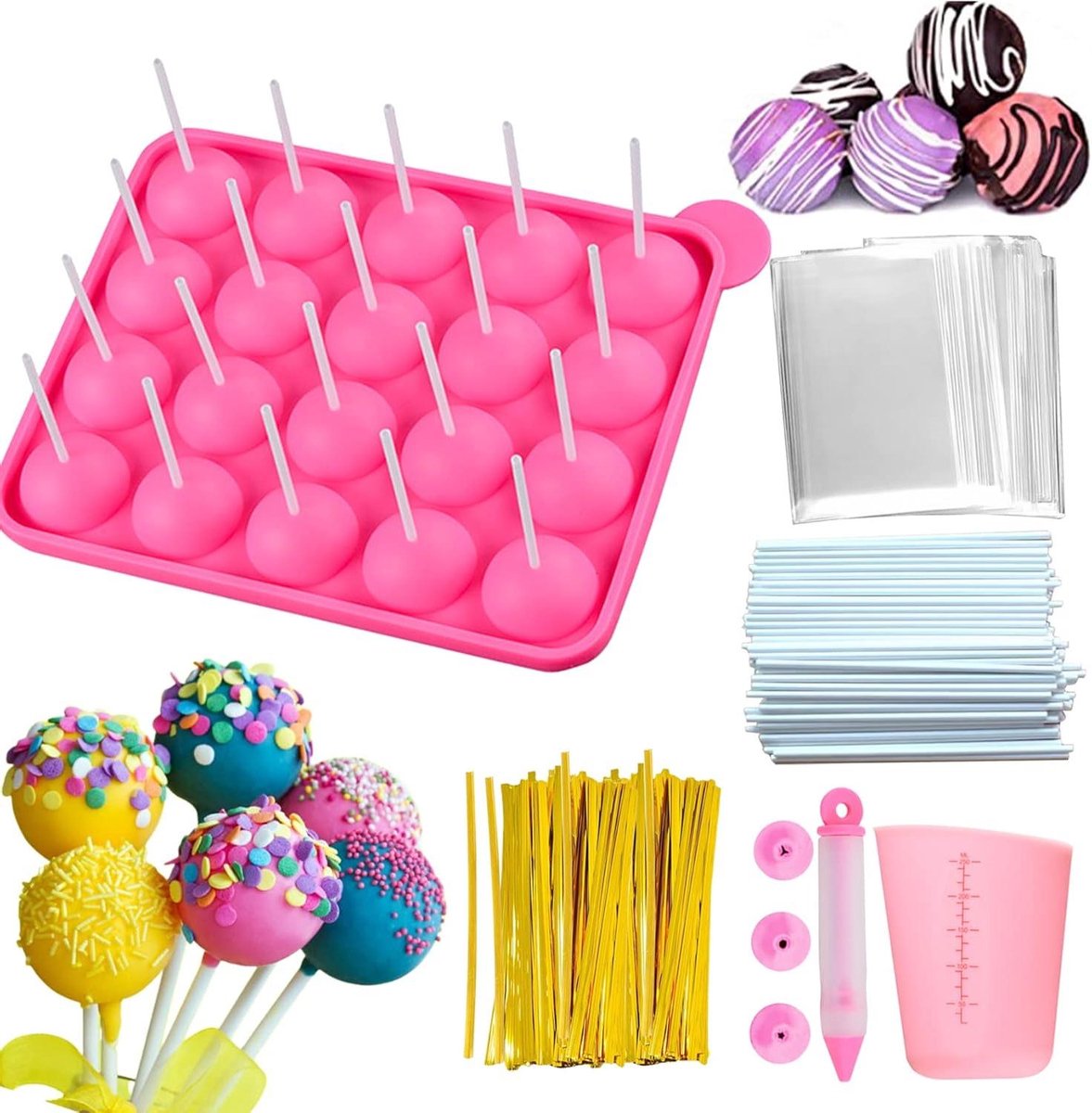 Cake Pop Mold Kit - Lolly Bakvorm - Zelf Lolly's Maken - Siliconen met Maatbeker - 20 Lolly's Tegelijk - Roze