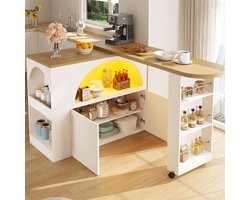 Bladez Extendable Bar Table with Storage Space, Modern Movable Bar Table with Wheels, Telescopic Bar Table with LED High Table, Kitchen Island, Rotating Dresser, Dining Bar (C-White LED)