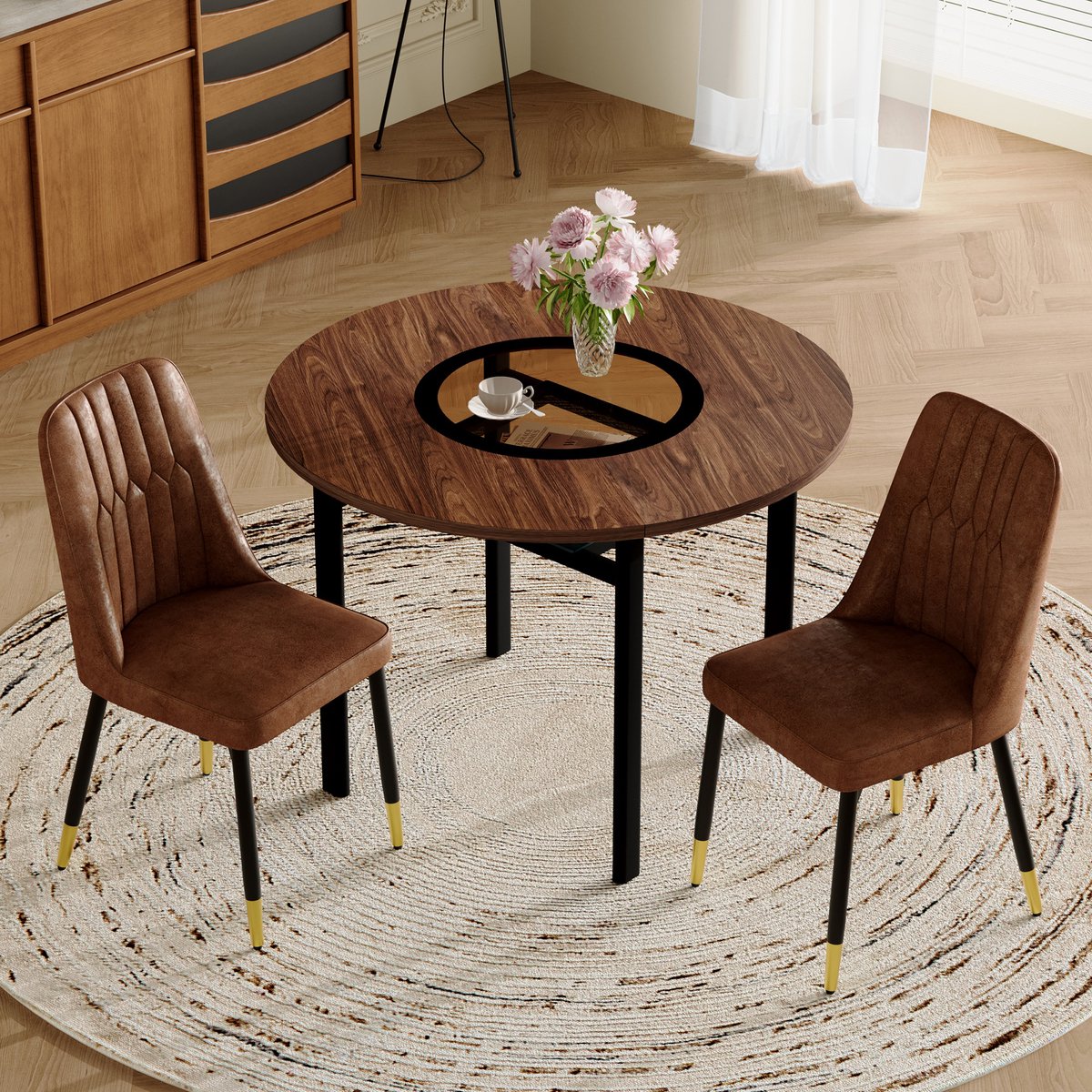 OKWISH Eettafelset 100 Cm - Ronde Tafel Met 2 Stoelen - Voor Eetkamer En Keuken - MDF En S