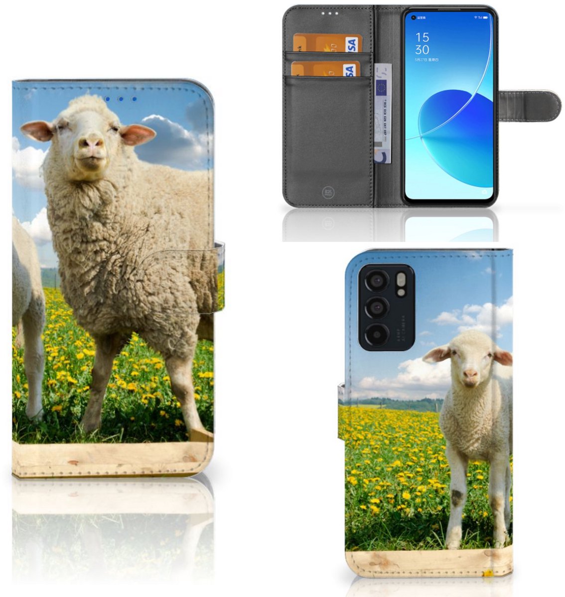 OPPO Reno6 5G Telefoonhoesje met Pasjes Schaap en Lammetje