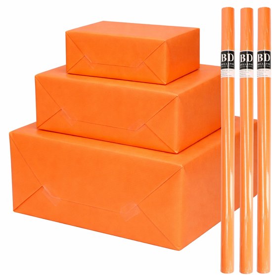 Bellatio Decorations - 3x - rollen cadeau Inpakpapier - oranje - 200 x 70 cm - cadeaupapier