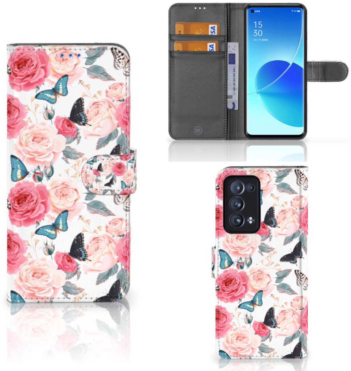 Book Case voor OPPO Reno 6 Pro Plus 5G Hoesje Butterfly Roses