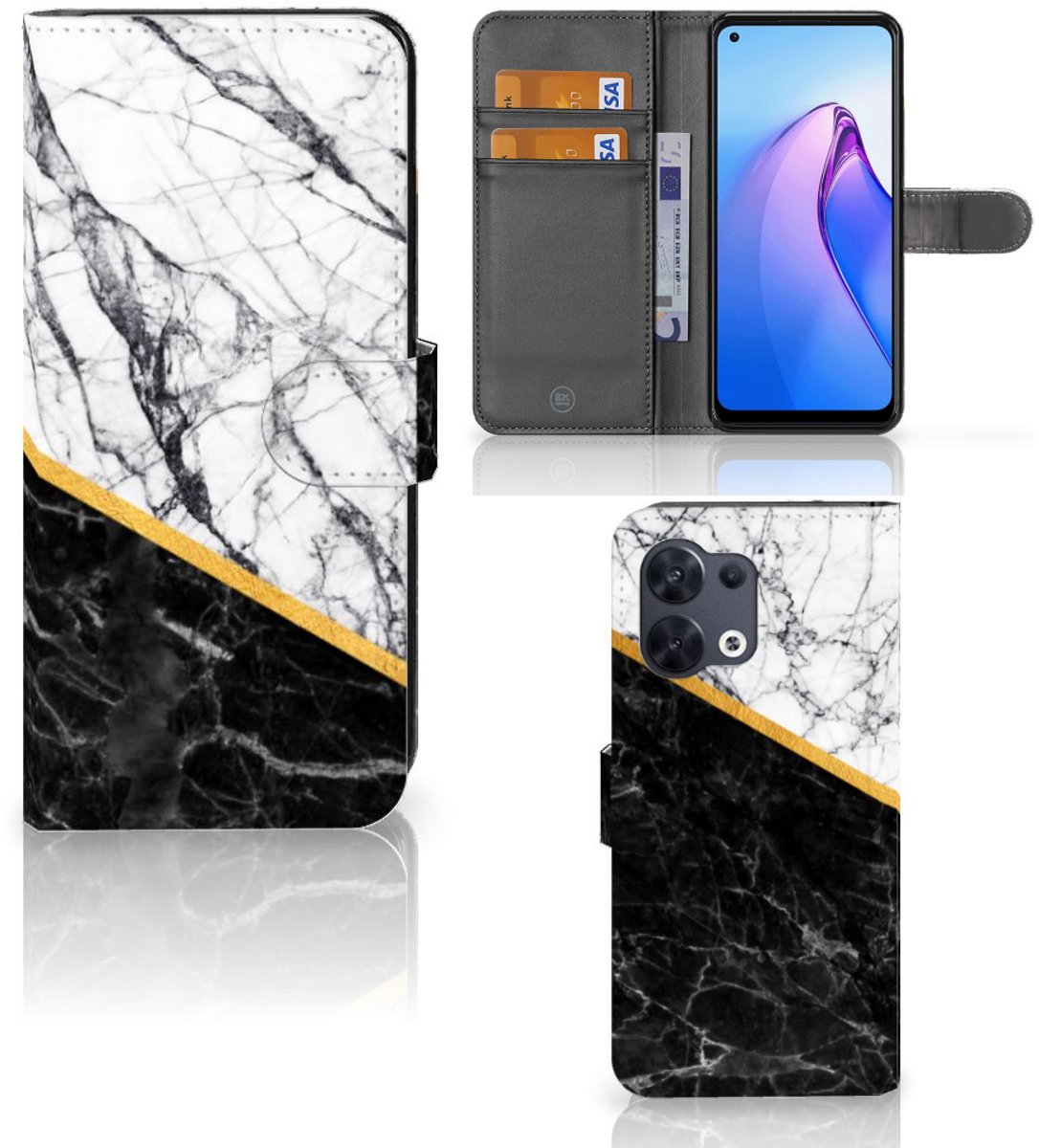 OPPO Reno8 Bookcase Marmer Wit Zwart - Origineel Cadeau Man