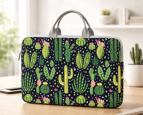 She life style - laptop tas - versierd met een levendig cactuspatroon en groene bladeren - 36x26cm - 15 Inch