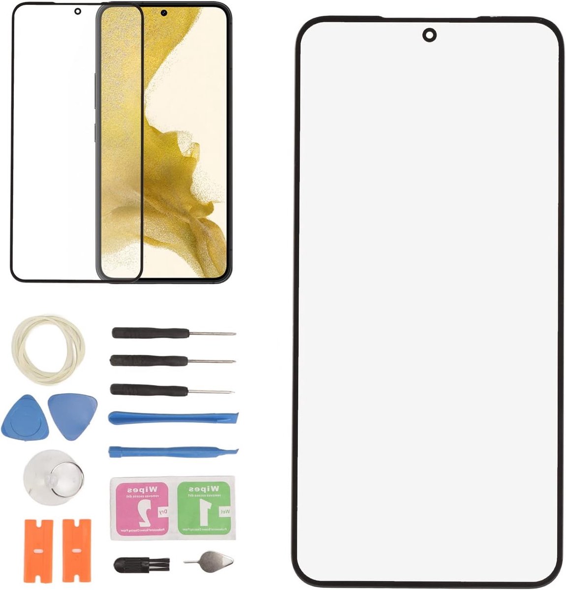 Vervangingsscherm voor S22 5G, Reparatietools voor Buitenste Glazen Scherm, Zwart en Geel, Inclusief Montagehandleiding en Accessoires