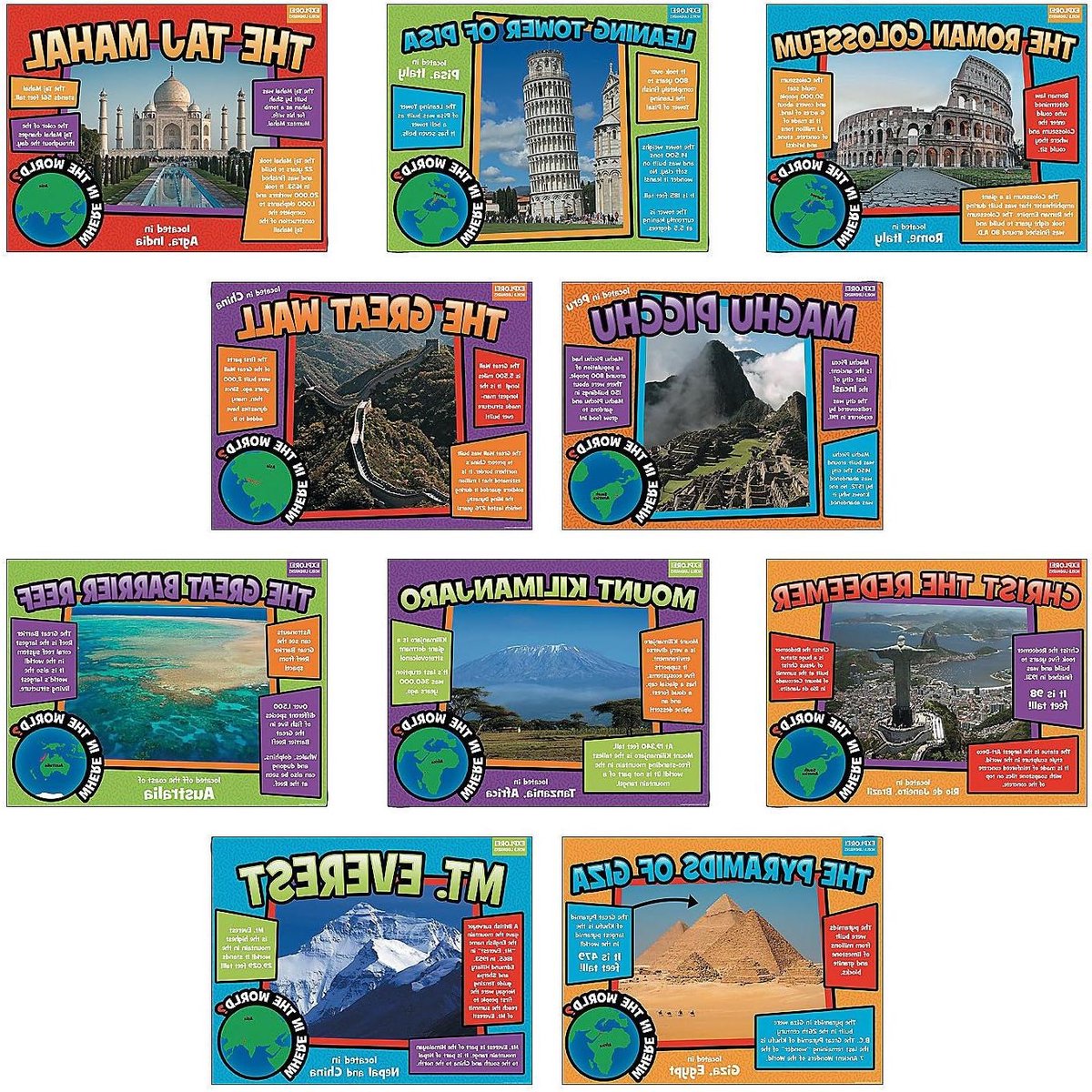 Wereld Landmark Posters - Landkaart Posters - Decoratie Wanden - Inclusief Fun Facts - 10 Stuks - Multicolor