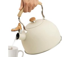 Waterkoker - Fluitketel 2.5L - Houtlook Anti-Heet Handvat - Fluitend bij Kookpunt - wit Pieper - Geschikt voor Gas & Inductie