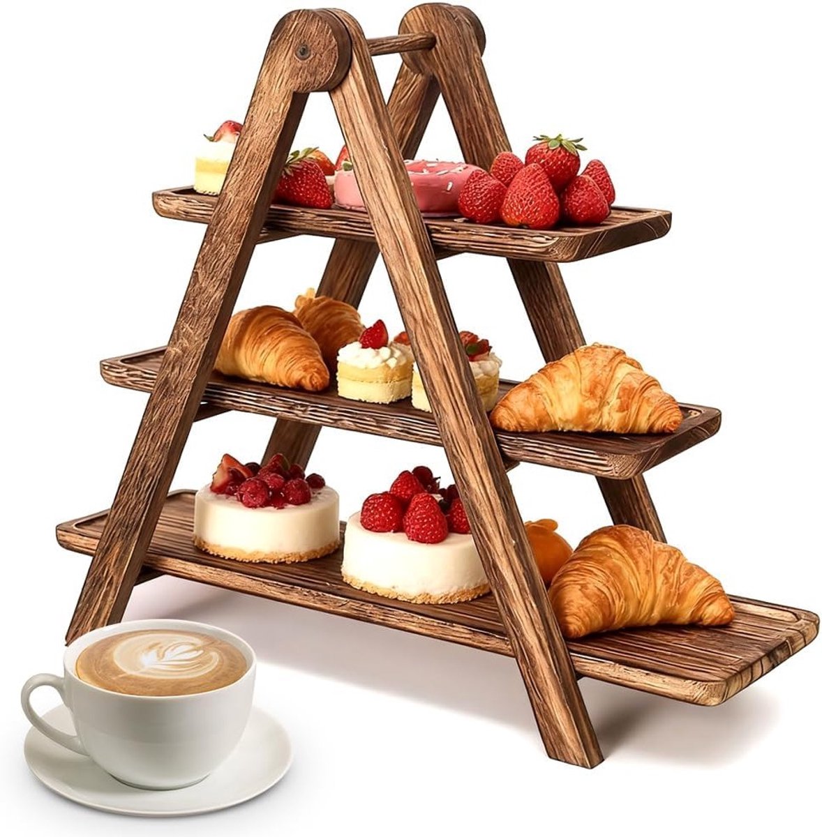 Drie-laags serveerstandaard van acaciahout voor fruit, taarten en cupcakes - Ideaal voor candybar opslag 42x34x17.8cm