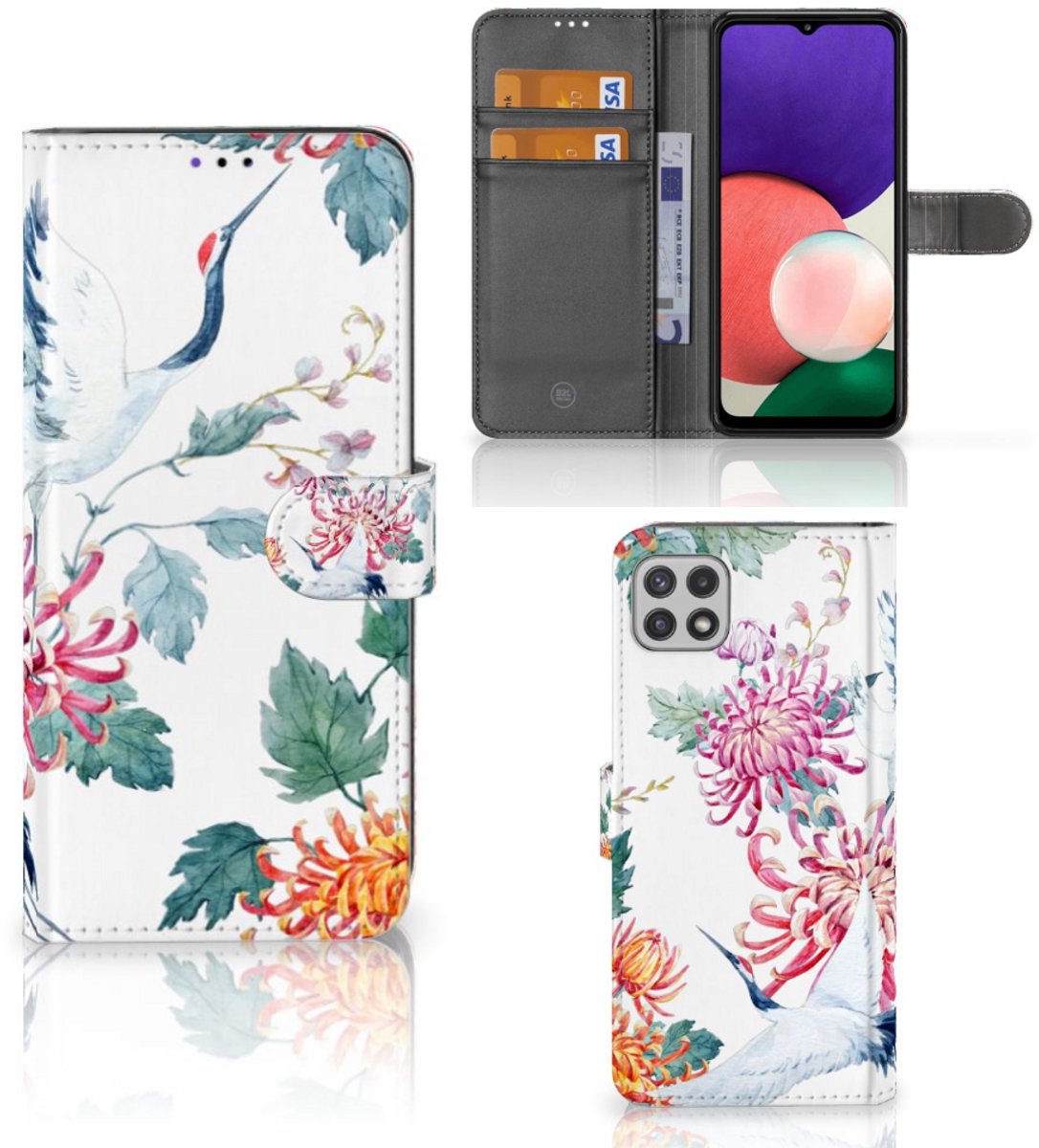 Samsung Galaxy A22 5G Telefoonhoesje met Pasjes Bird Flowers