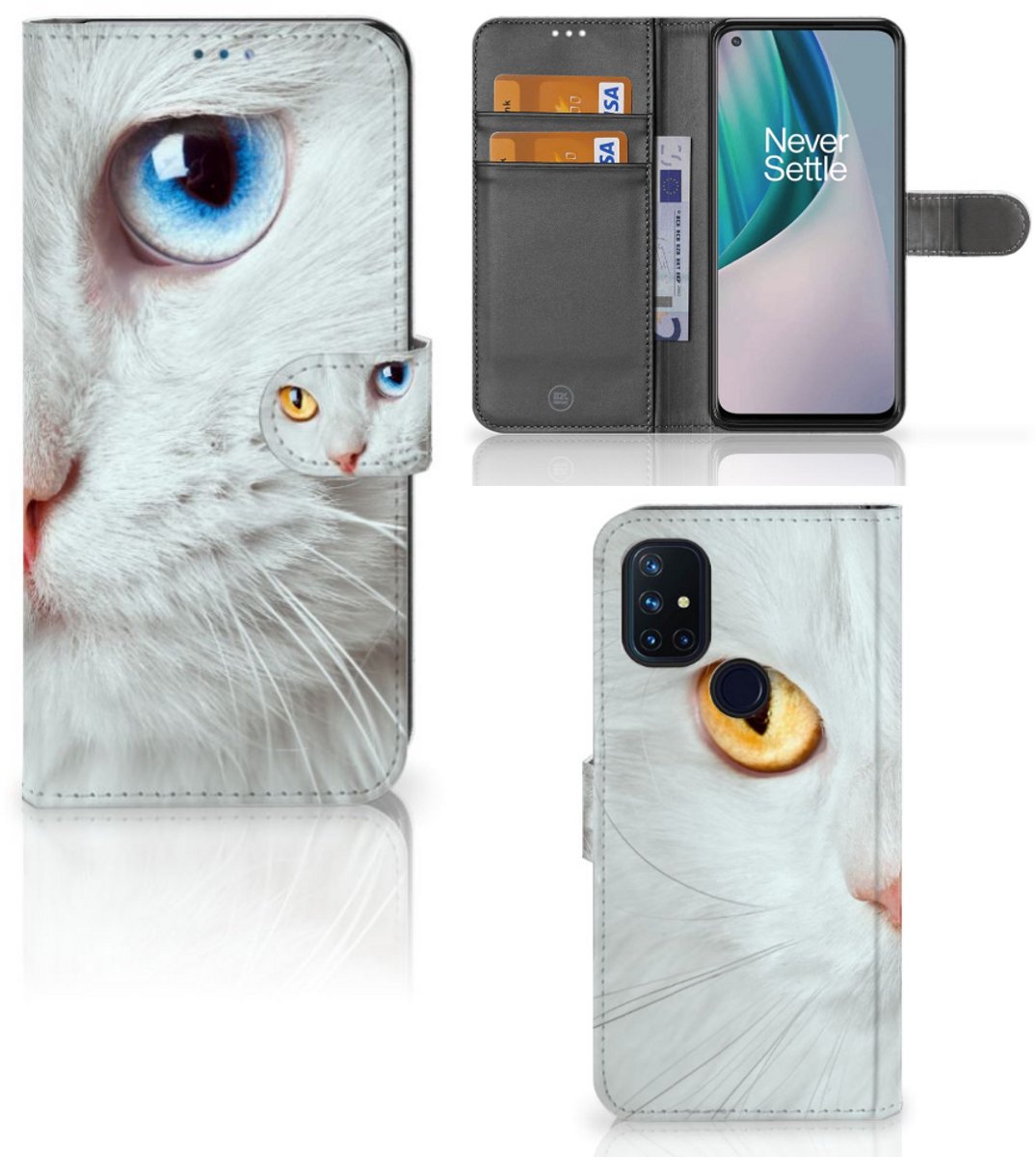 OnePlus Nord N10 Telefoonhoesje met Pasjes Witte Kat