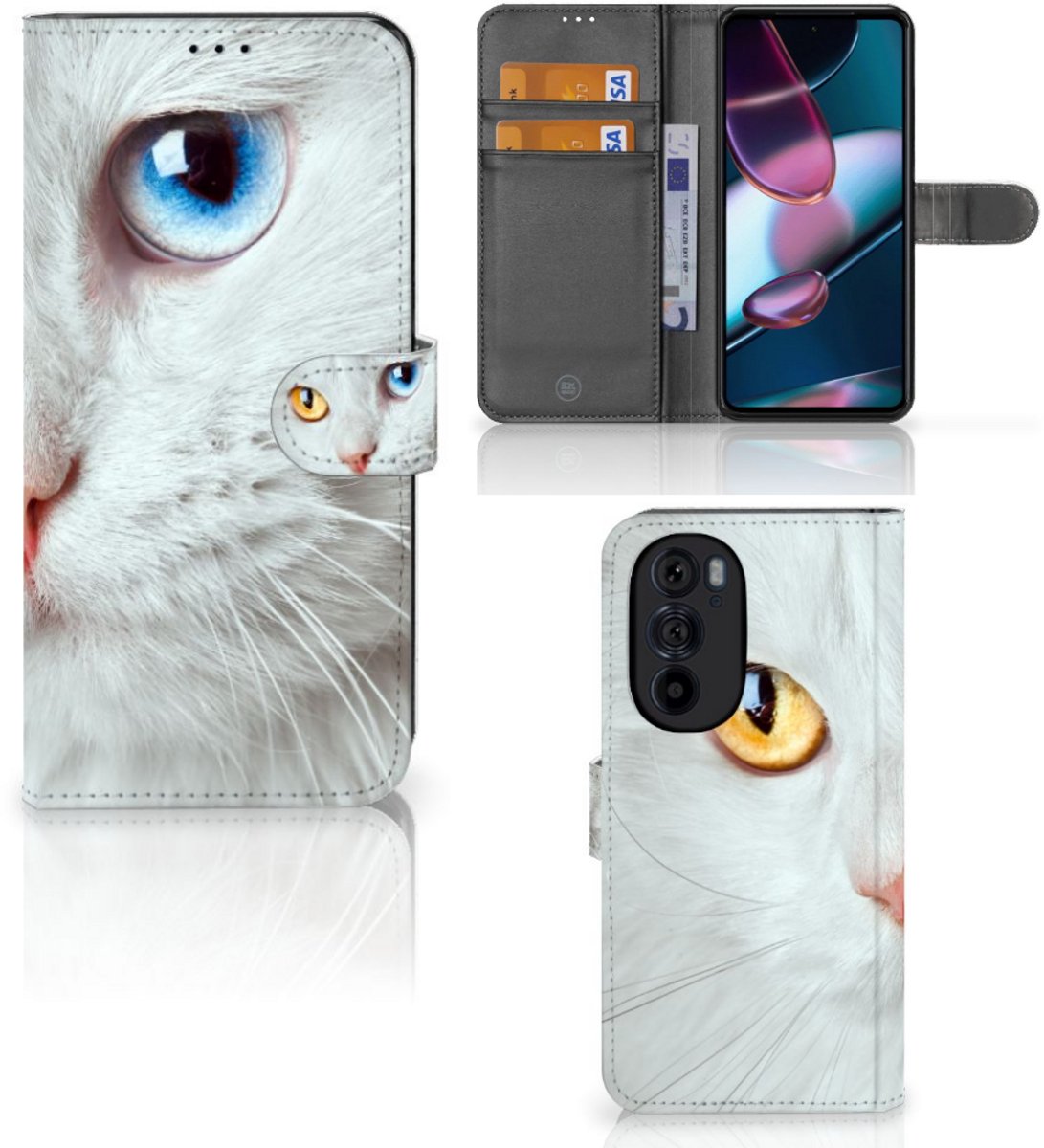 Motorola Edge 30 Pro Telefoonhoesje met Pasjes Witte Kat