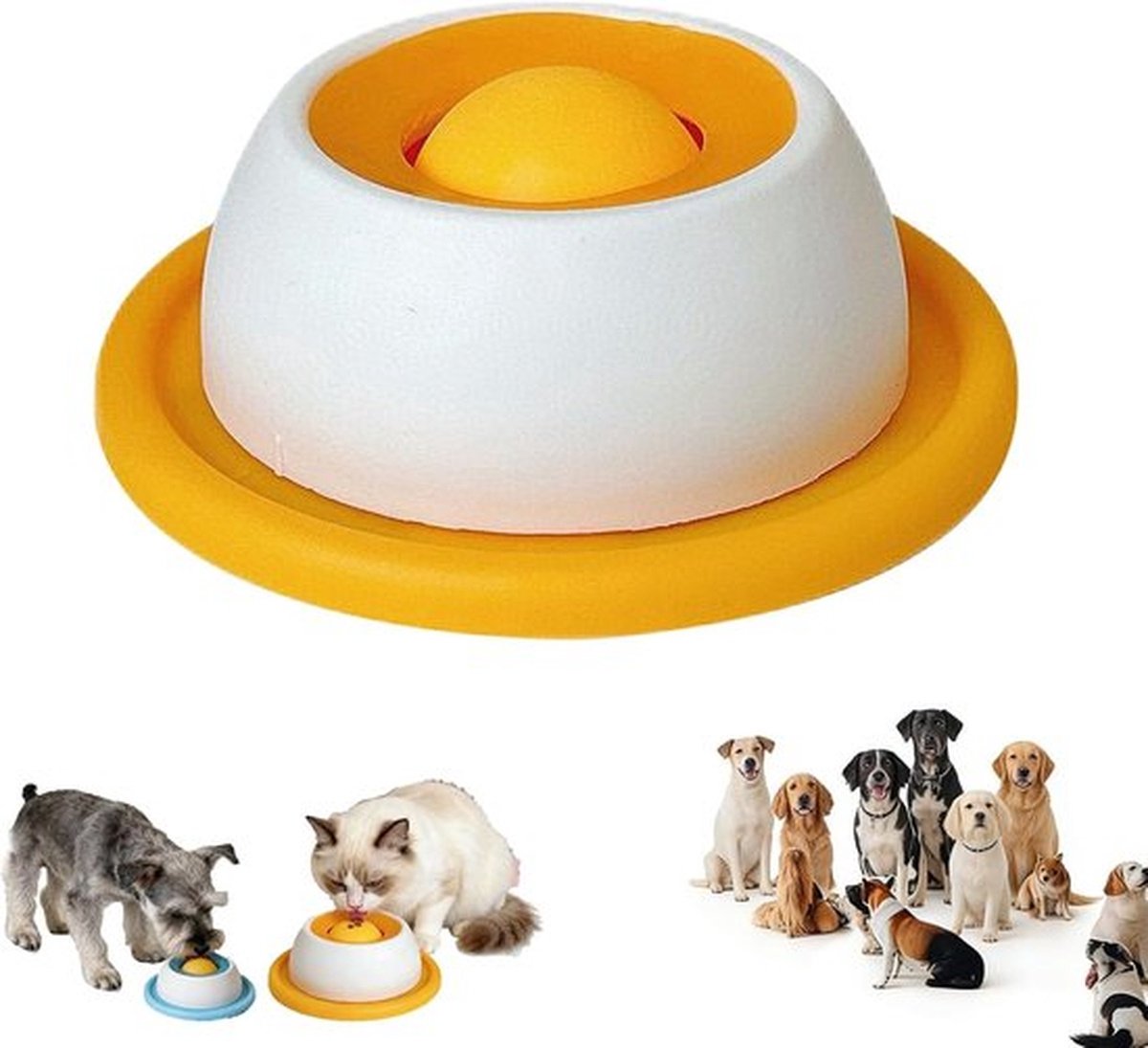 Likspeelgoed voor honden, likbak voor honden, likbal voor honden, natvoer, likmat met antislip, voerbak voor honden met geïntegreerde draaiende bal, likspeelgoed voor honden, katten en puppy's (Geel)
